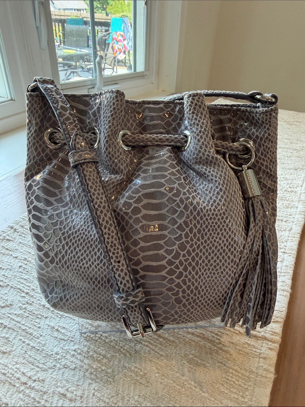 Michael Kors Leather Snake  Skin  embossed Crossbody Bag with Hanging Tassel